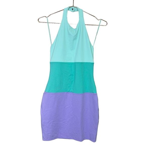 NEW Susana Monaco Colorblock Halter Bodycon Mini Dress Teal Pink Small - Picture 2 of 6